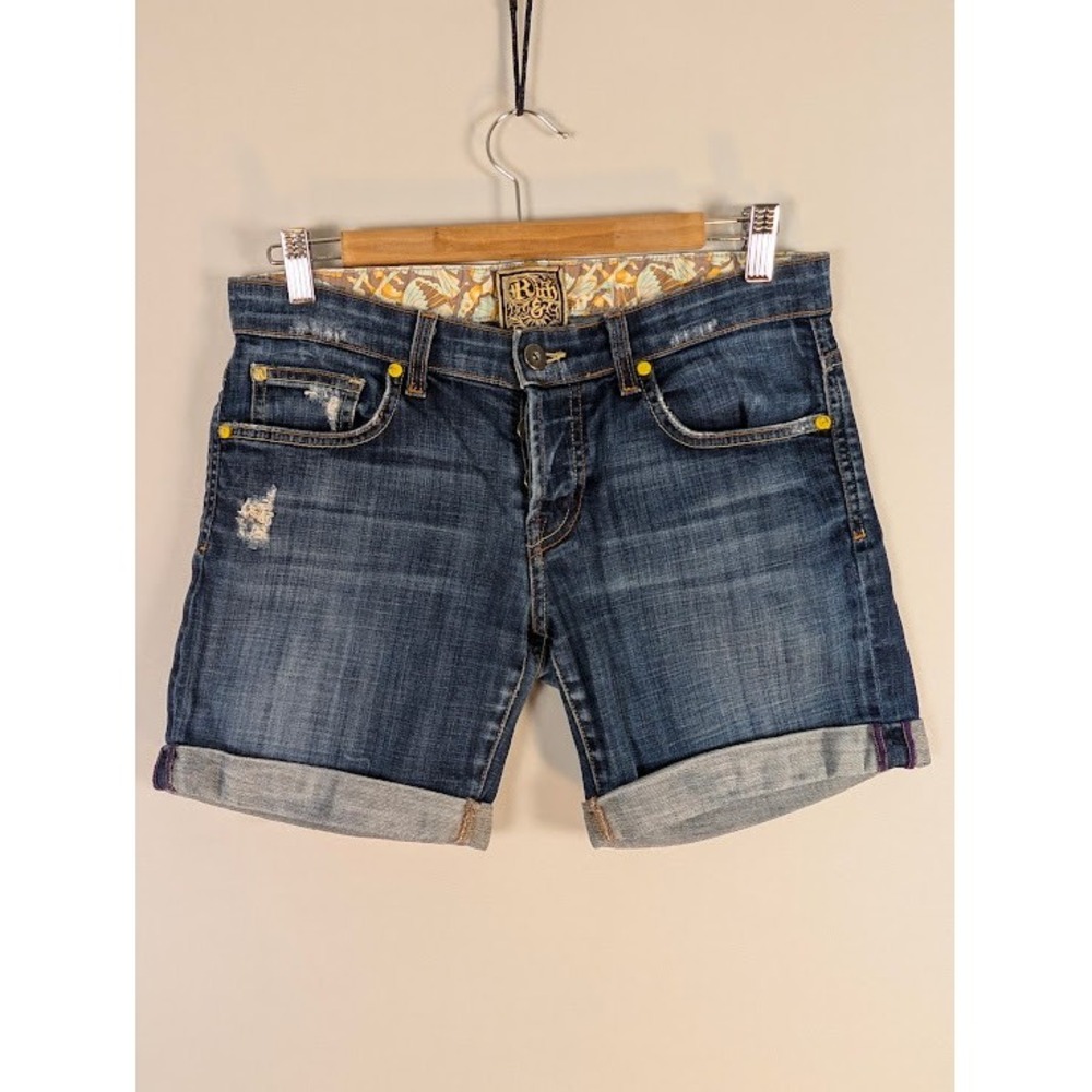 Rich & Skinny Denim Shorts Women 26 Blue Distressed Stretch Cuffed Button Fly